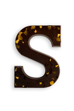 Chocoladeletter van pure chocolade met stukjes gedroogde appel, rozijn en koek