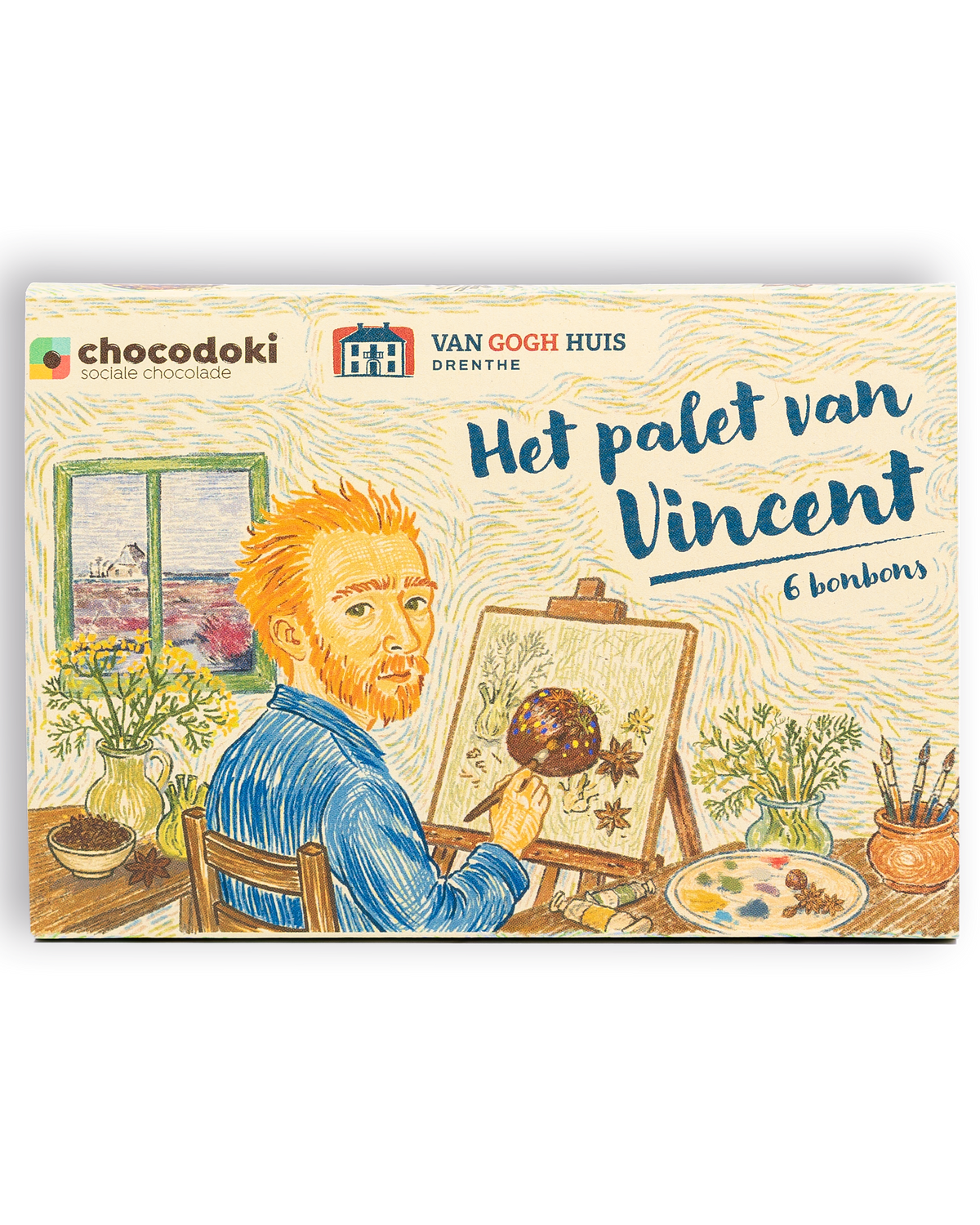 Doos Het palet van Vincent met zes bonbons, illustratie van Pirmin Rengers